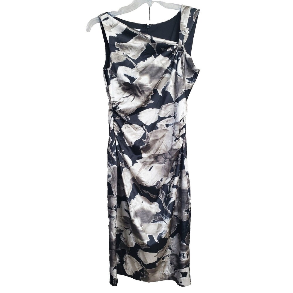 Maggy London Asymmetric Neckline Ruched Sides Artsy Floral Sheath Dress Size 10